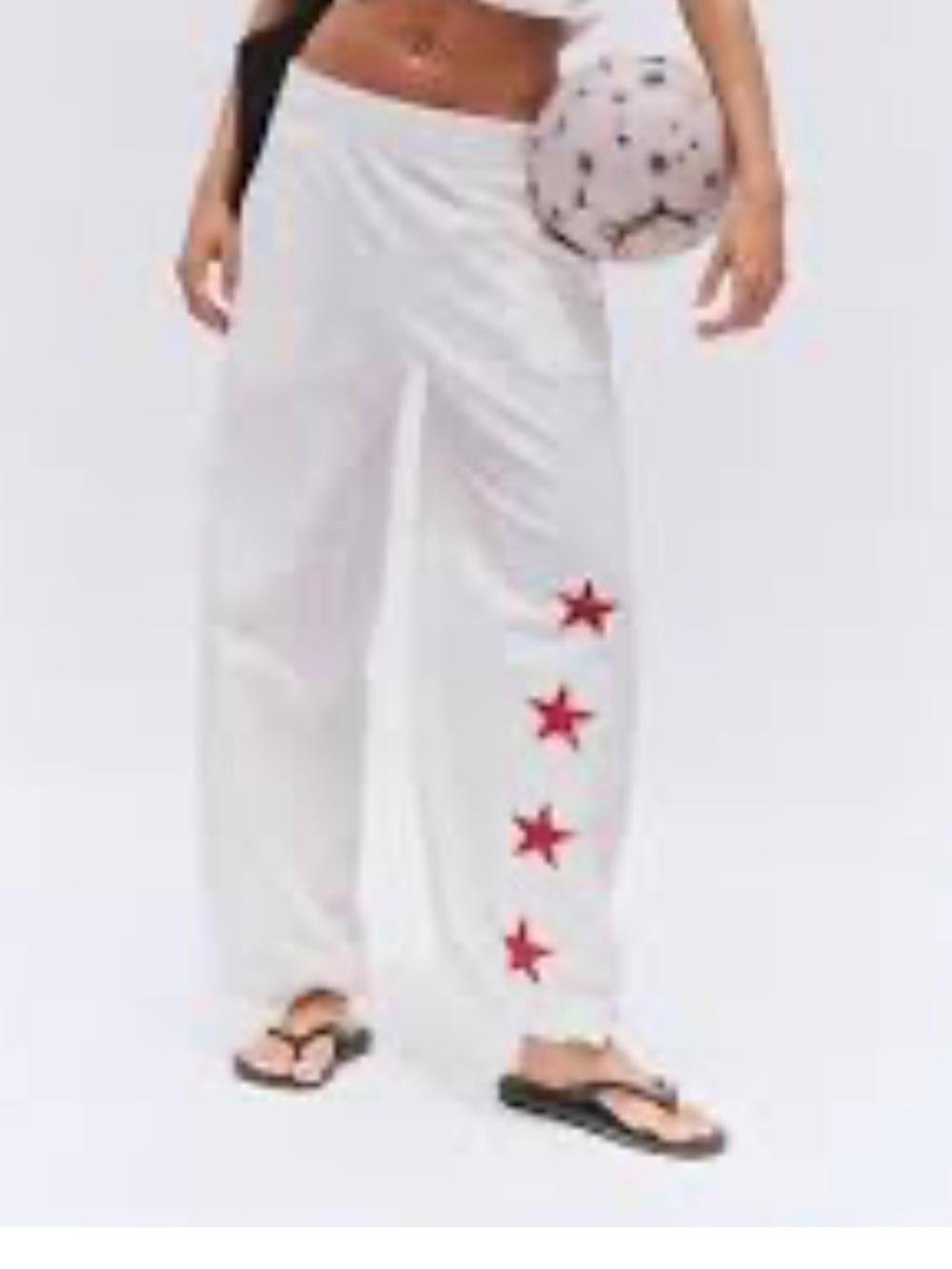 Free People White Wide-Leg Track Pants with Red Star Side Accents